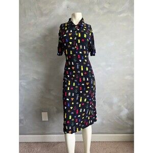 Vtg 90s David Dart Black Button Up Novelty Print Multicolor Dress Sz L Collar